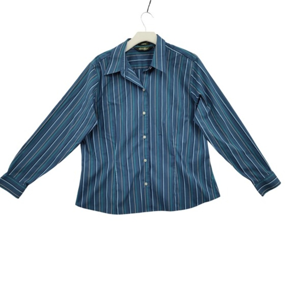 Eddie Bauer Women Preppy Academia Wrinkle Free Stretch Stripe Button Top XL Blue